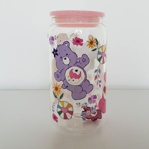 Care Bears 16oz Glass Tumbler with Lid, Straw Stopper, and Straw 4pc Pink Cute